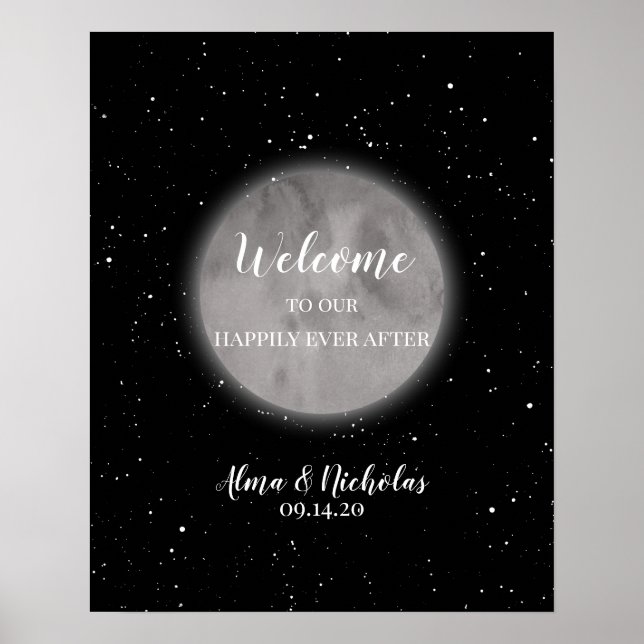 Póster Signo de bienvenida de Boda Celestial Moon & Stars (Frente)