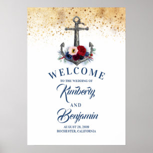 Póster Signo de bienvenida de Boda de ancla floral náutic