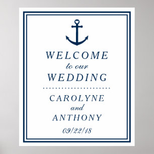 Póster Signo de bienvenida de Boda de ancla náutica y bla