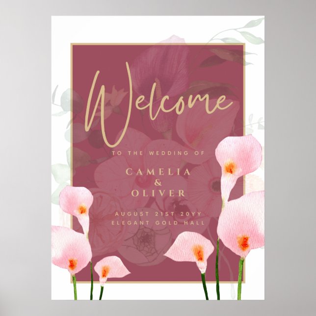 Póster Signo de bienvenida de Boda de Calla Lily rosa mod (Frente)