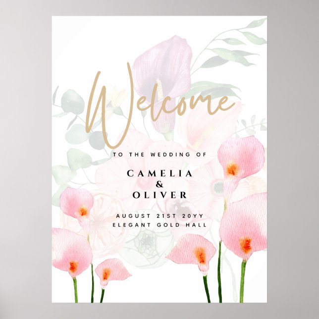Póster Signo de bienvenida de Boda de Calla Lily rosa mod (Frente)