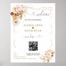 Póster Signo de bienvenida de Boda de código QR floral de