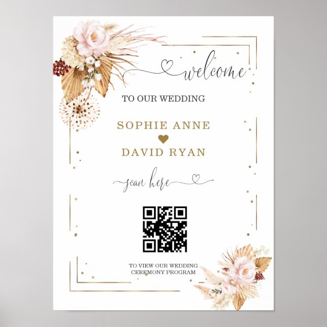 Póster Signo de bienvenida de Boda de código QR floral de (Frente)