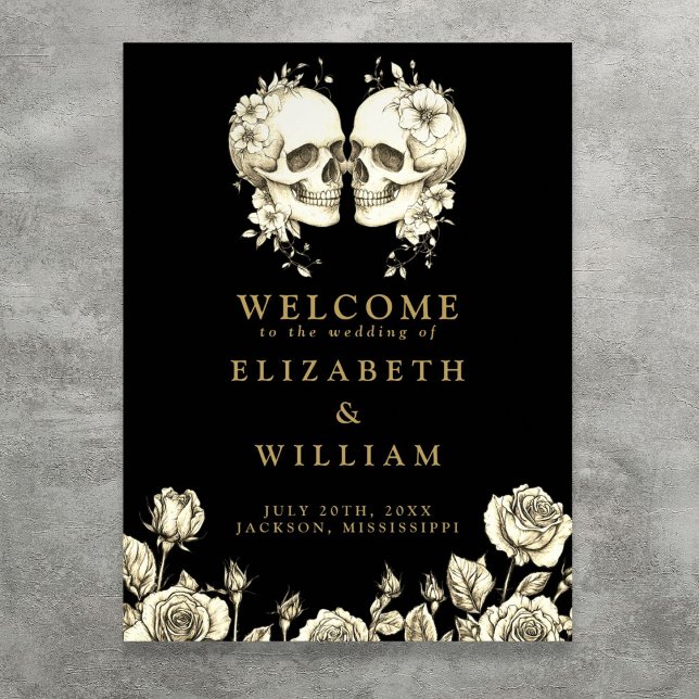 Póster Signo de bienvenida de Boda de cráneo gótico negro (Black And Gold Gothic Skulls Wedding Welcome Sign)