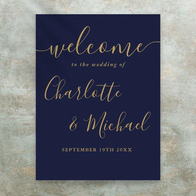 Póster Signo de bienvenida de Boda de escritura azul y do (Navy Blue And Gold Script Wedding Welcome Sign)