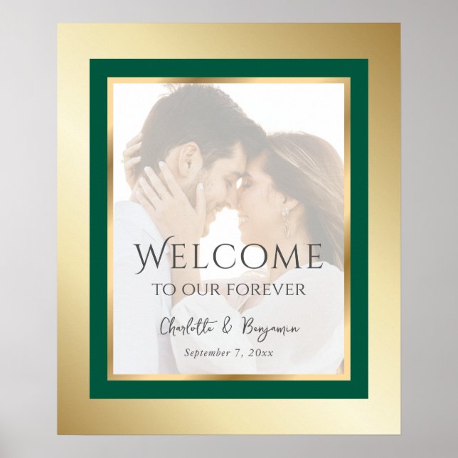 Póster Signo de bienvenida de Boda de fotografía verde y  (Frente)