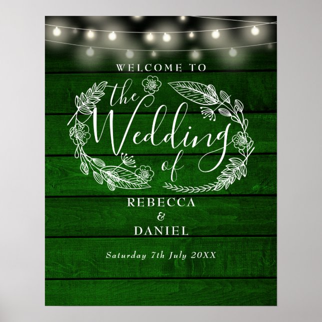 Póster Signo de bienvenida de Boda de Green Rustic String (Frente)