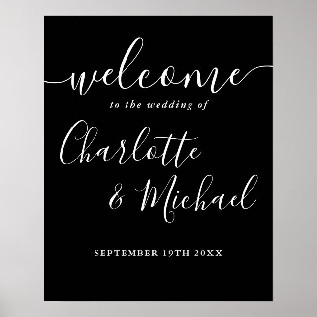 Póster Signo de bienvenida de Boda de guiones blancos y n (Frente)