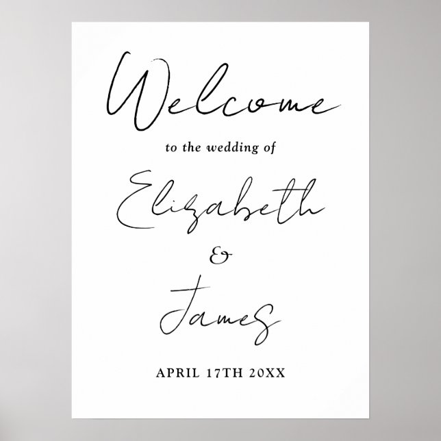 Póster Signo de bienvenida de Boda de guiones blancos y n (Frente)
