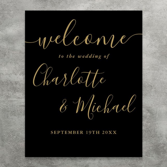 Póster Signo de bienvenida de Boda de guiones negros y do (Black And Gold Script Wedding Welcome Sign)