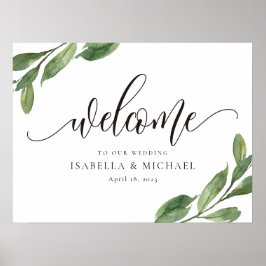 Póster Signo de bienvenida de Boda de hoja de verde