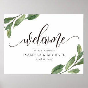 Póster Signo de bienvenida de Boda de hoja de verde