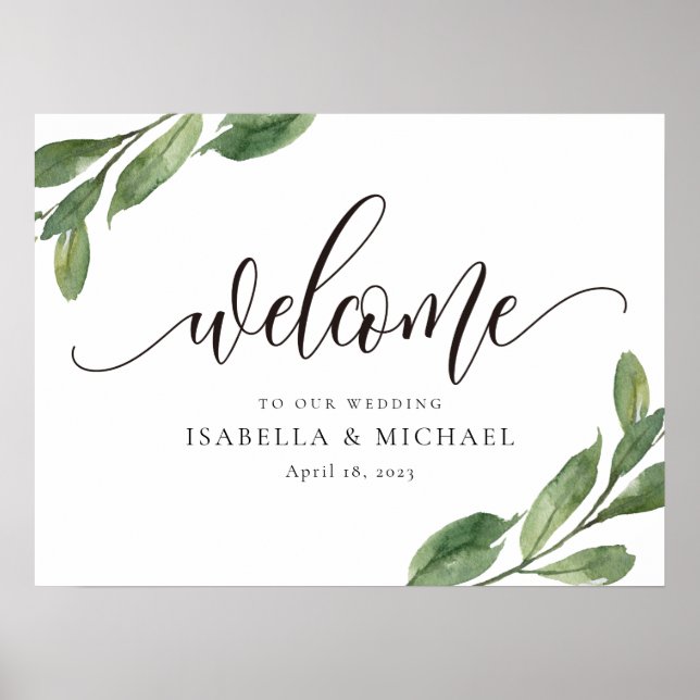Póster Signo de bienvenida de Boda de hoja de verde (Frente)
