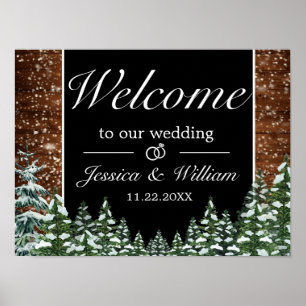 Póster Signo de bienvenida de Boda de madera nevada y bos