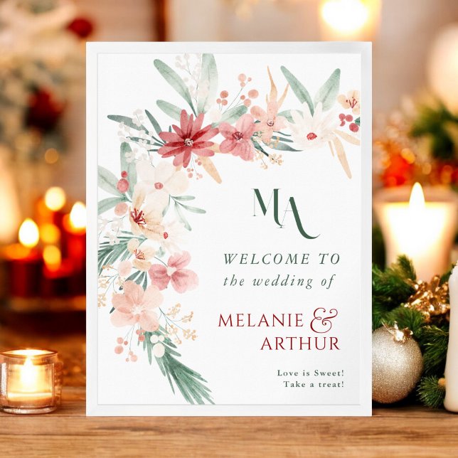 Póster Signo de bienvenida de Boda de Navidades florales  (Winter Floral Christmas Wedding Welcome Sign)