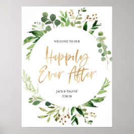 Póster Signo de bienvenida de Boda de oro verde feliz par