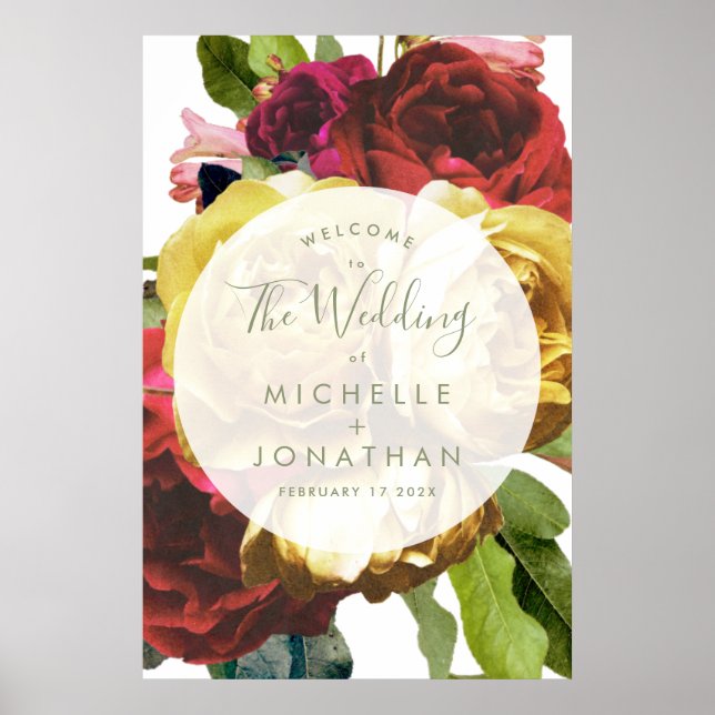 Póster Signo de bienvenida de Boda de Rosas botánicos gra (Frente)