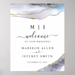 Póster Signo de bienvenida de Boda del Agate Azul de Oro 