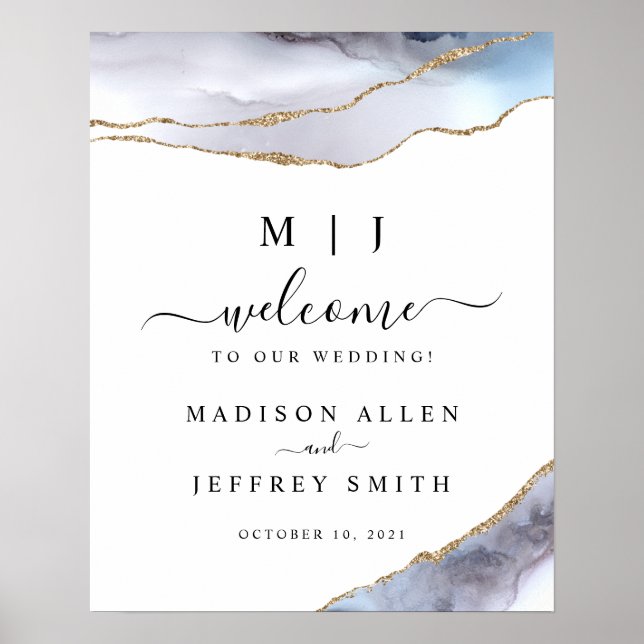 Póster Signo de bienvenida de Boda del Agate Azul de Oro  (Frente)