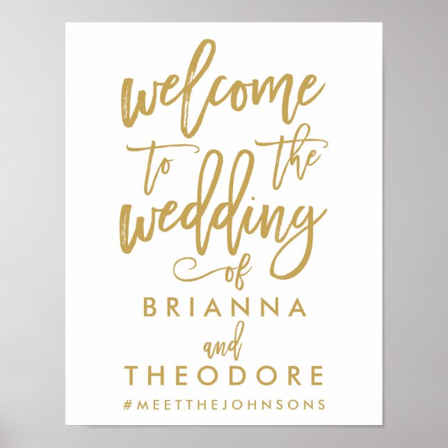 Póster Signo de bienvenida de Boda dorado con letra de ma (Frente)