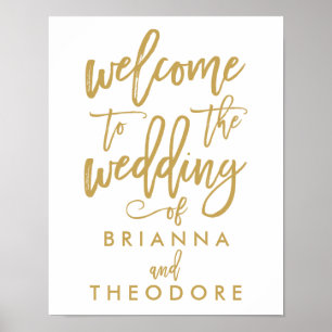 Póster Signo de bienvenida de Boda dorado con letra de ma