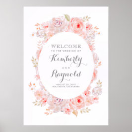 Póster Signo de bienvenida de boda elegante con flores ro