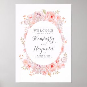 Póster Signo de bienvenida de boda elegante con flores ro