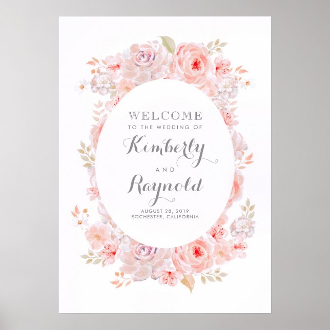 Póster Signo de bienvenida de boda elegante con flores ro (Frente)