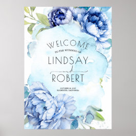 Póster Signo de bienvenida de Boda floral azul agitado y 