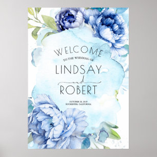 Póster Signo de bienvenida de Boda floral azul agitado y 