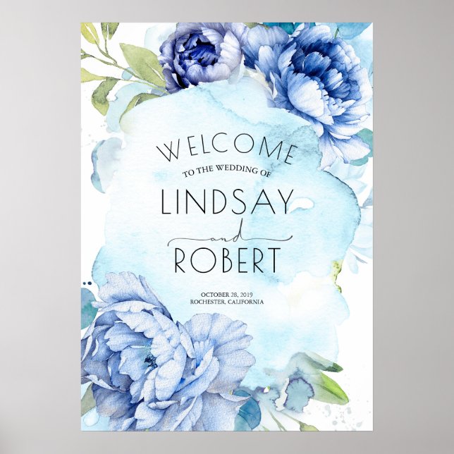 Póster Signo de bienvenida de Boda floral azul agitado y  (Frente)