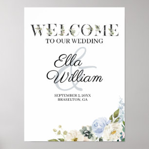 Póster Signo de bienvenida de Boda floral azul rustico