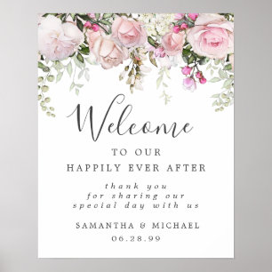 Póster Signo de bienvenida de Boda floral blanca rosada d