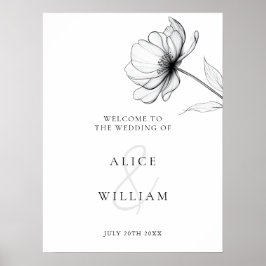 Póster Signo de bienvenida de Boda floral blanco minimali