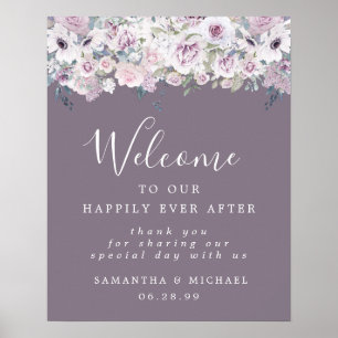 Póster Signo de bienvenida de Boda floral blanco púrpura 