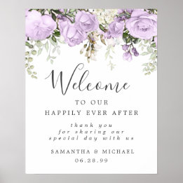 Póster Signo de bienvenida de Boda floral blanco púrpura 