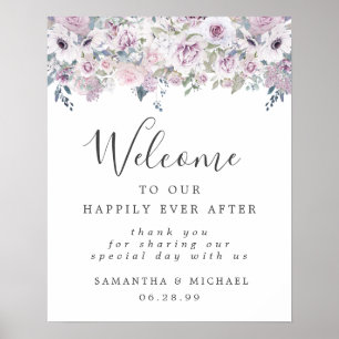 Póster Signo de bienvenida de Boda floral blanco púrpura