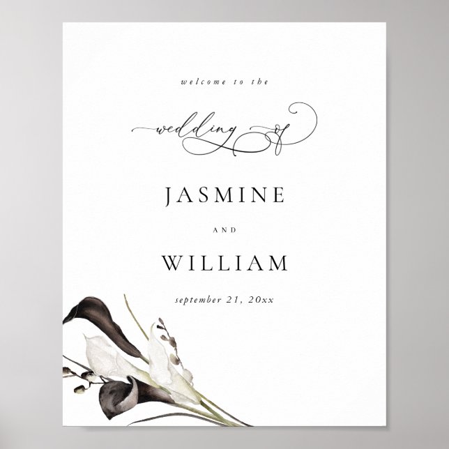 Póster Signo de bienvenida de Boda floral blanco y negro (Frente)