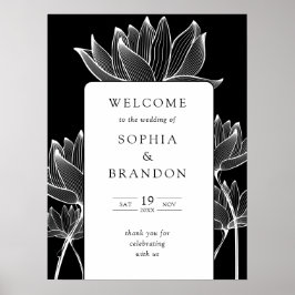 Póster Signo de bienvenida de Boda floral blanco y negro 