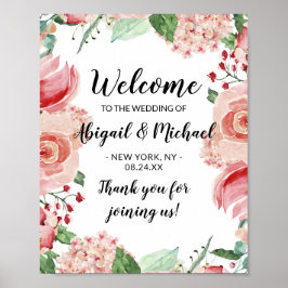 Póster Signo de bienvenida de Boda floral color de agua r