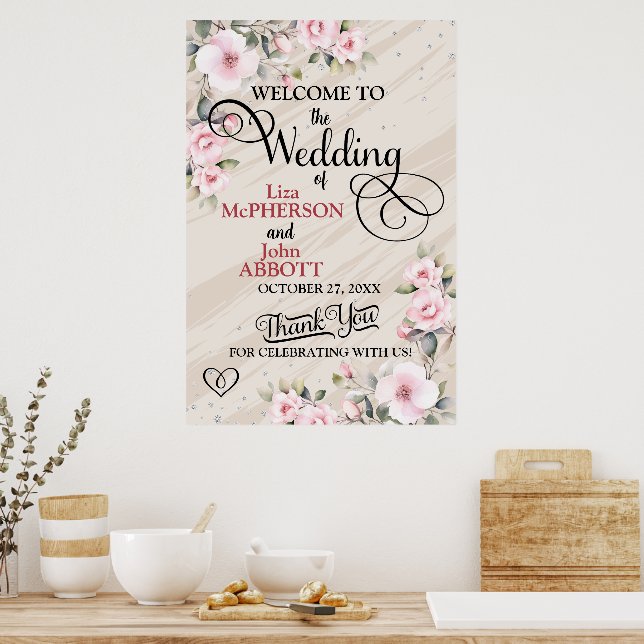 Póster Signo de bienvenida de Boda floral de bonito (Cocina)
