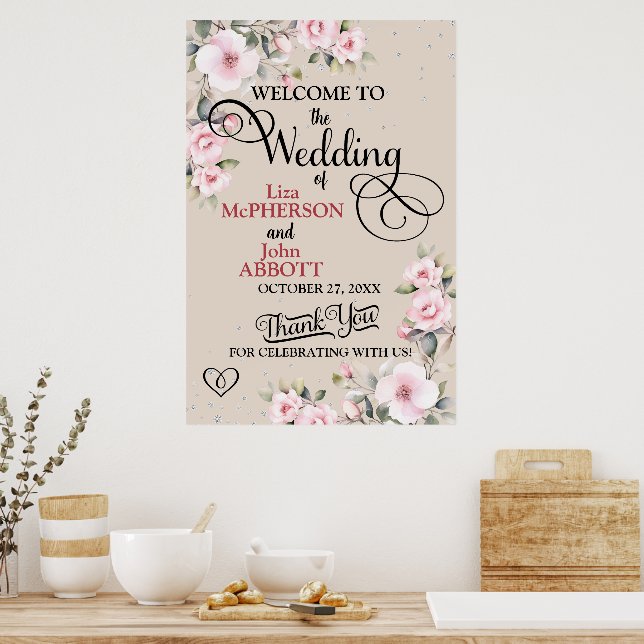 Póster Signo de bienvenida de Boda floral de bonito (Cocina)