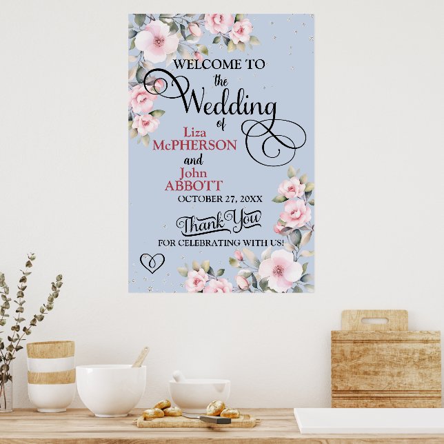 Póster Signo de bienvenida de Boda floral de bonito (Cocina)
