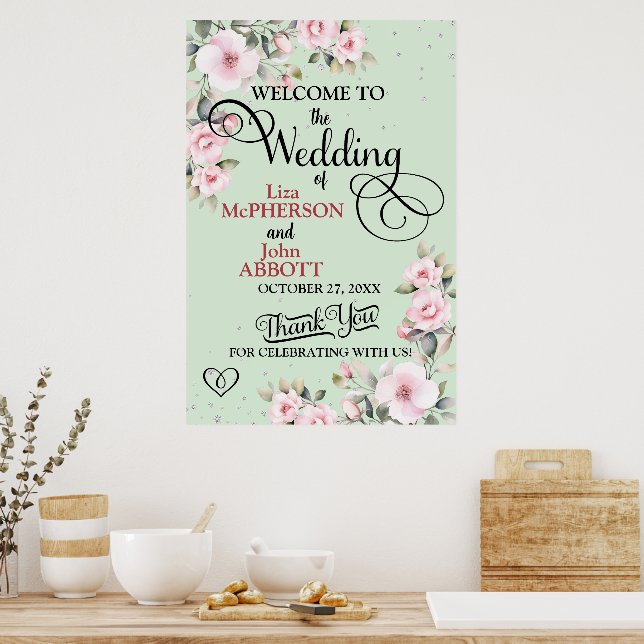 Póster Signo de bienvenida de Boda floral de bonito (Cocina)