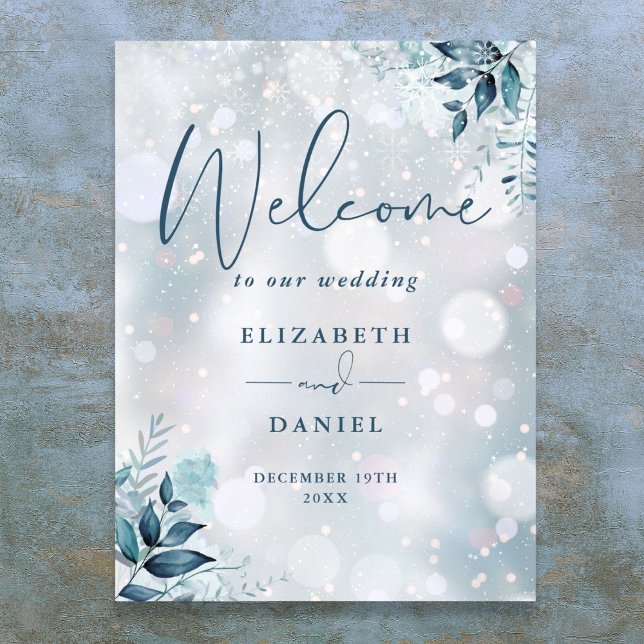 Póster Signo de bienvenida de Boda floral de copos de nie (Winter Snowflakes Floral Wedding Welcome Sign)
