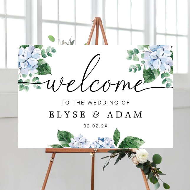 Póster Signo de bienvenida de Boda floral de Hydrangea az (Ferras Blue Hydrangea Wedding Welcome Sign )