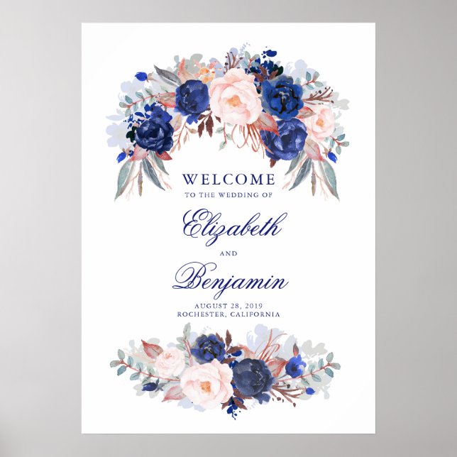 Póster Signo de bienvenida de Boda floral de la marina (Frente)