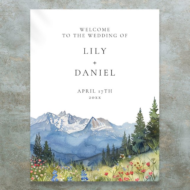 Póster Signo de bienvenida de Boda floral de la montaña a (Watercolor Mountain Floral Wedding Welcome Sign)