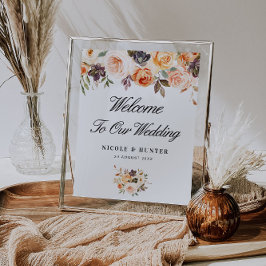 Póster signo de bienvenida de boda floral de otoño