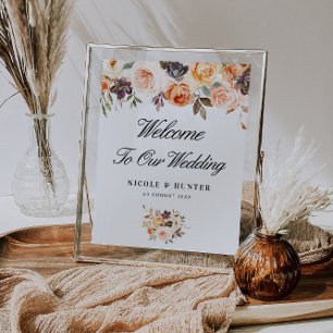 Póster signo de bienvenida de boda floral de otoño